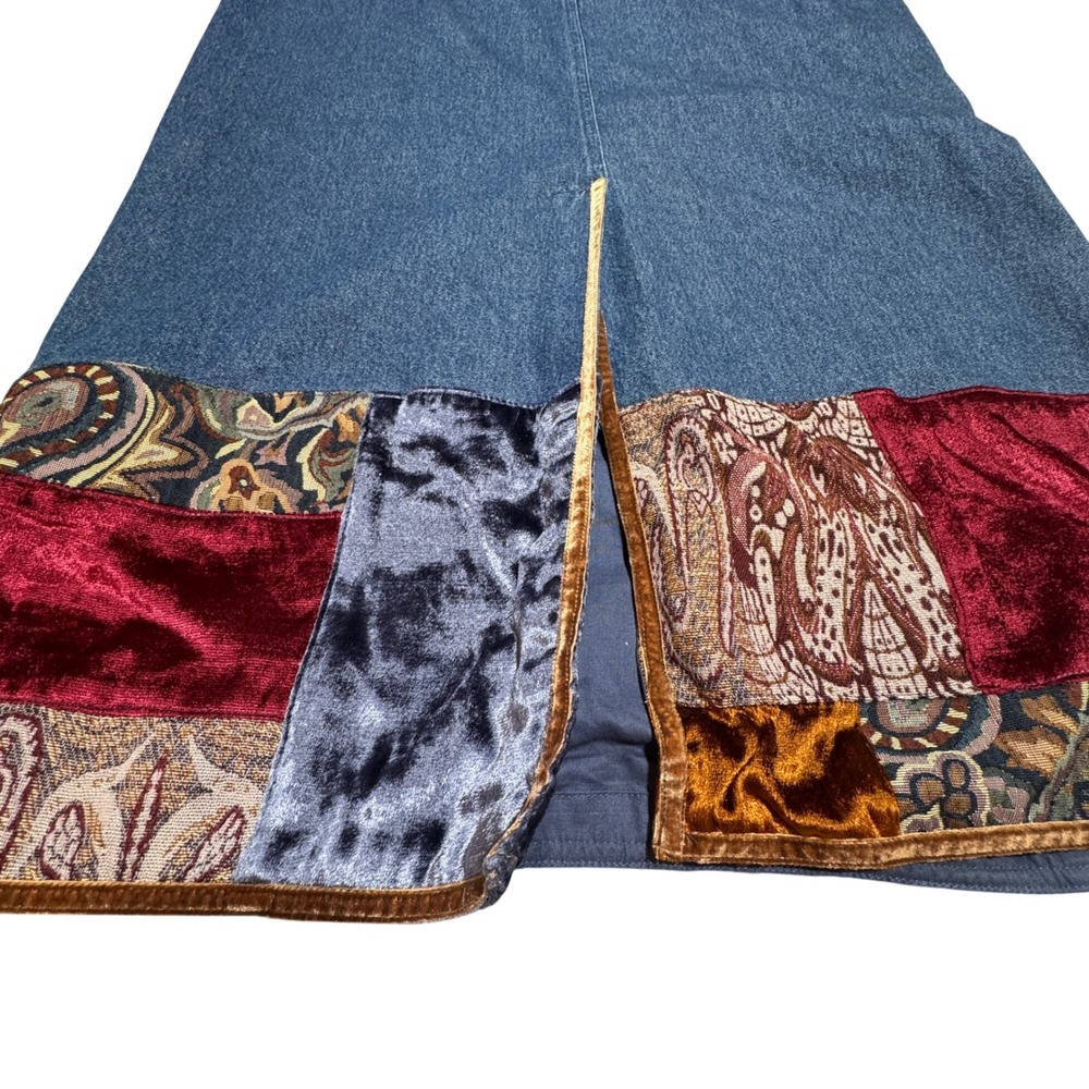 VTG Ruby Rd Denim Maxi Skirt Women Size 12 Patchwork Velvet Boho Whimsigoth - Picture 10 of 11
